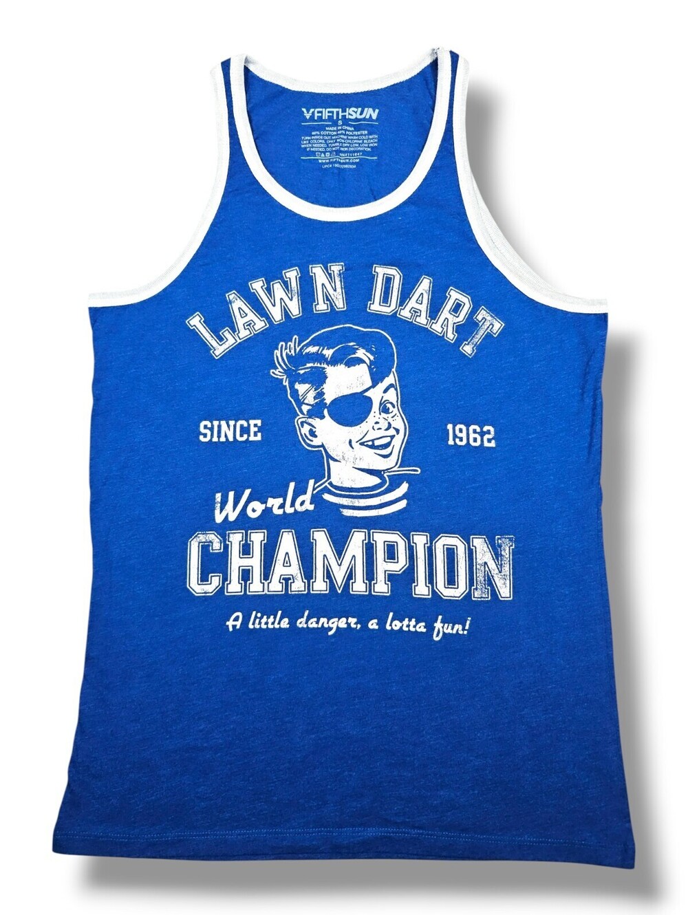 Blue Lawn Dart Champion Graphic Ringer Tank Top Casual Funny Retro Vintage Small